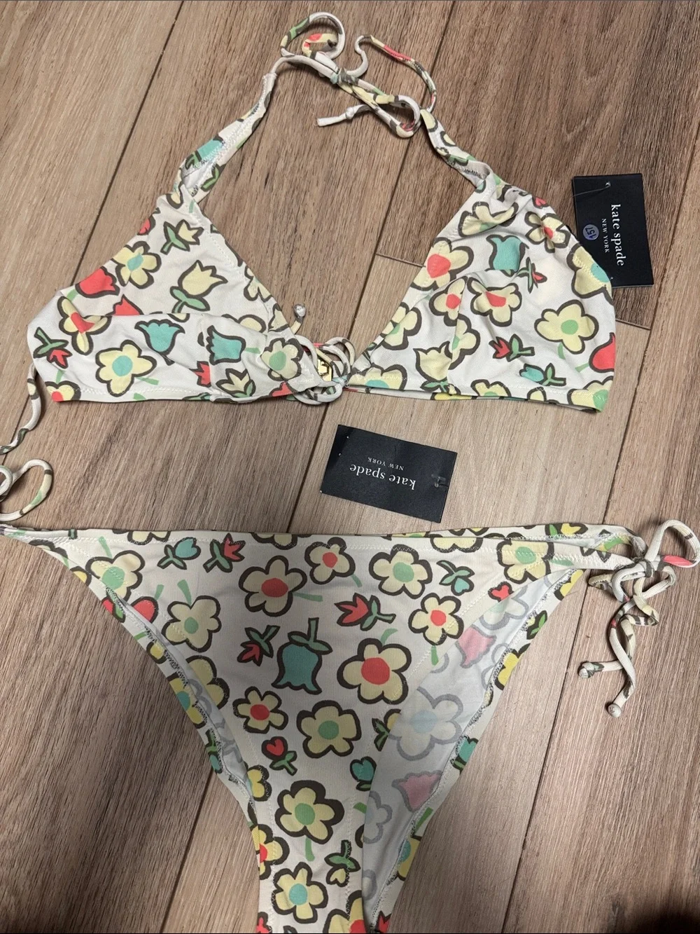 KATE SPADE NWT L cream Floral UNLINED NO PADDING NUDIST TYPE SEXY Bikini SET